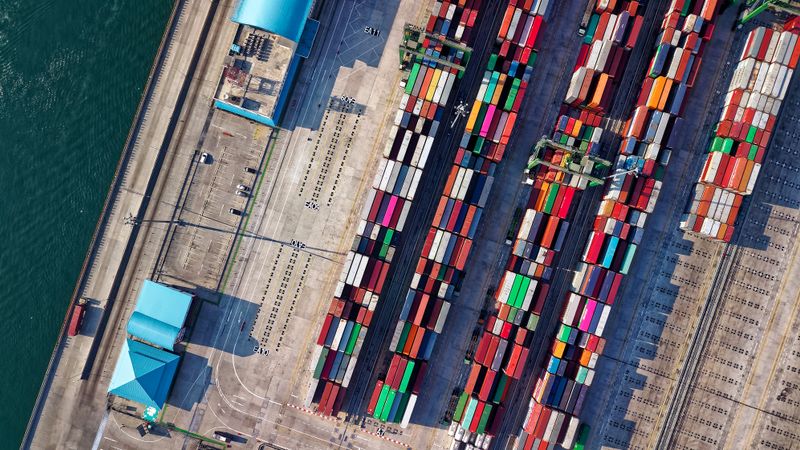 Aerial view of container terminal and port operations
